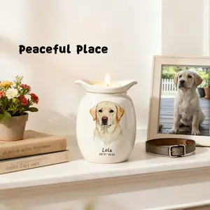 Dog Urn with Candle – Personalized Ceramic Memorial Urn for Pet Ashes, Custom Name & Dates