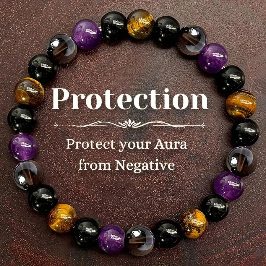 1pc Natural Tigereye & Amethyst Bead Stretch Bracelet, Energy Balancing Crystal Jewelry Gift For Men & Women