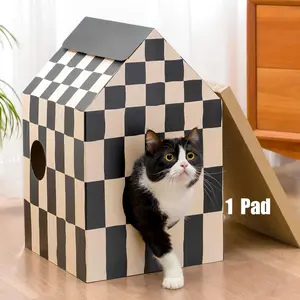 Cardboard Cat House with Scratching Pad and Catnip, Cat Play Scratching House for Indoor Hideaway Furniture, Heavy-Duty Sturdy Cardboard Scratcher, Easy-to-Assemble Birthday Gift