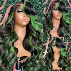Black Green Highlight Lace Front Wigs for Women Ombre Color Glueless Curly Wave Wigs Pre-Plucked Hairline Loose Curly Soft Lace Wigs Comfortable Suitable for Daily Wear & Special Occasions Wig