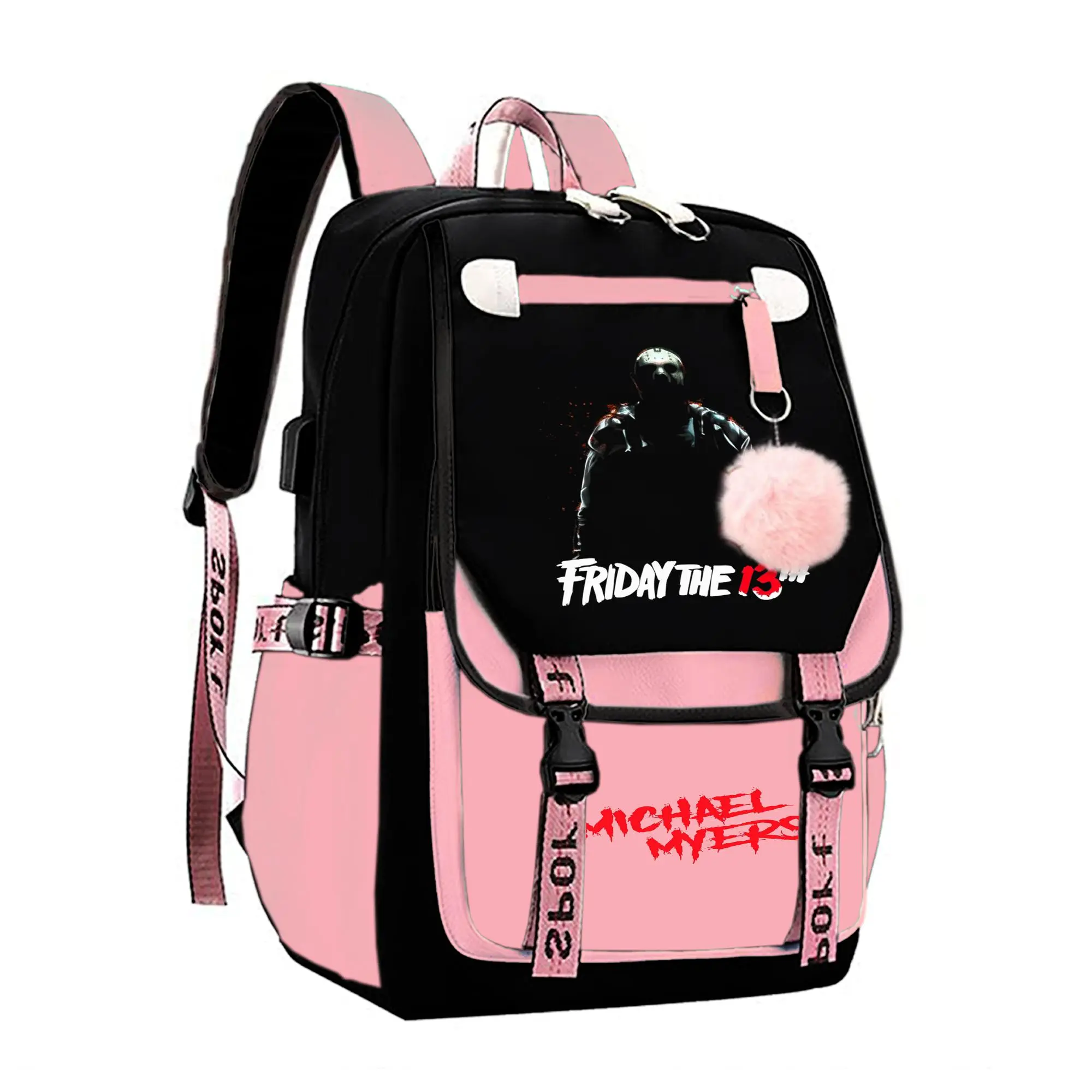 Michael Myers Graphic Backpack for Girls, Y2K Pink and Black School Bookbag with Keychain, Waterproof Travel Laptop Bag for Teens College d-14