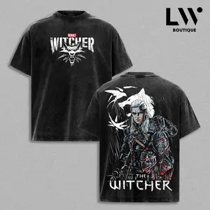 Vintage The Witcher Washed T-Shirt | Geralt of Rivia Heavyweight Graphic Tee | Oversized Boxy Fit Wolf Medallion Gaming Shirt