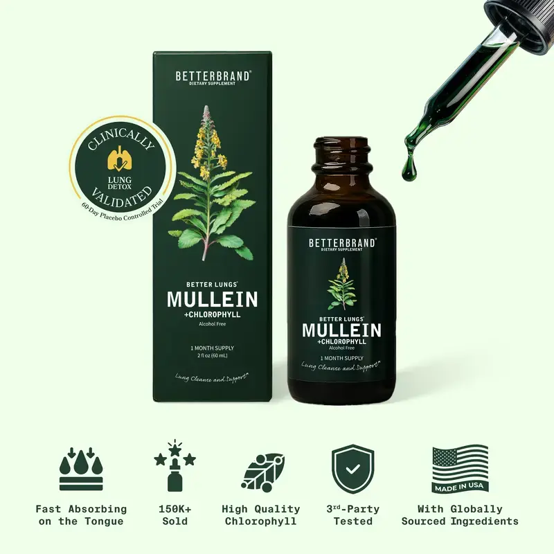 Betterbrand Mullein Leaf & Chlorophyll Drops for Lung Detox & Mucus Cleanse - 30 Servings - Clinically Studied Natural Liquid Herbal Supplement for Respiratory Wellness