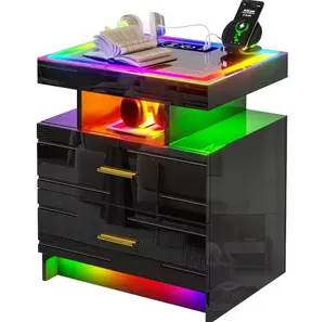 Nightstand with Wireless Charging Station, LED Lights Night Stand with 2 Drawers, Glossy Smart Bedside Table with Glass Top