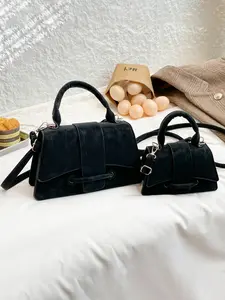 Women's Suede Mini Satchel Bag, 2pcs Mother and Daughter Bag Set, Vintage Velvet Crossbody Bag, Small Flap Purse, Fashion Mini Kelly Bag