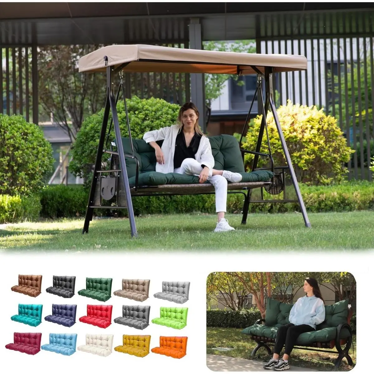 2-3 Seater Waterproof Outdoor Bench Swing Cushion with Backrest & Ties, All-Weather Outdoor Living Furniture Pad, Soft 60*40in Green Polyester-Nylon Fabric Option for Garden & Indoor Use