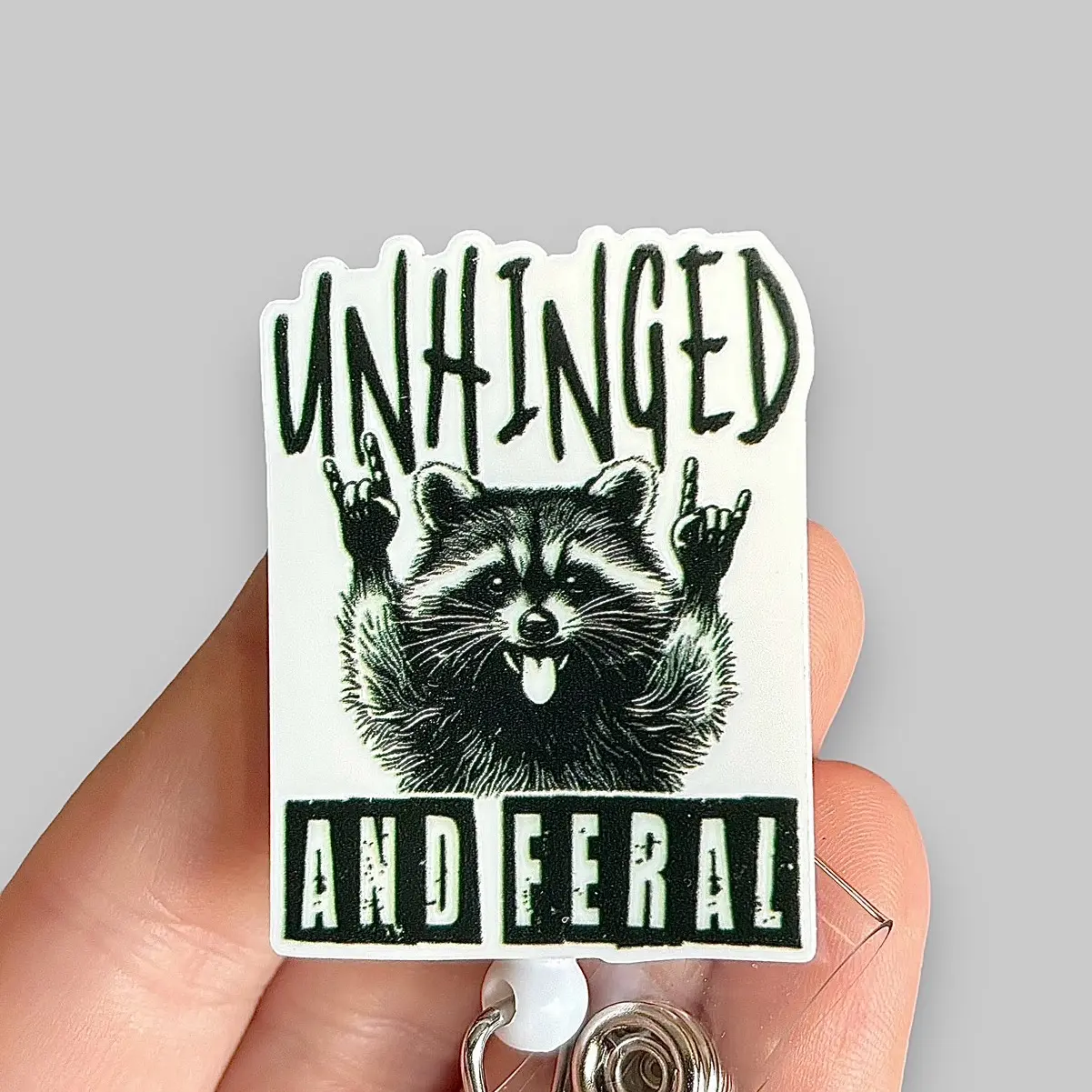 Glitter My Badge Unhinged and feral raccoon badge reel for nurse and hospital workers. Badge clip Badge pull - Retractable swivel clip with a 360 rotation. Great gift for coworker. Badge reel for men.