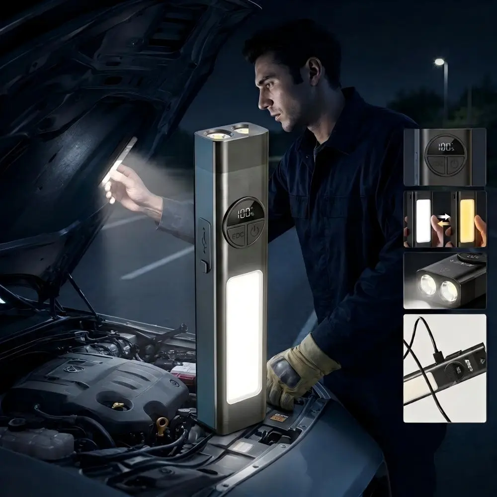 Rechargeable EDC magnetic work light, 600LM dual-beam flashlight, 1000mAh battery, 8 lighting modes, Type-C charging, digital power display, with belt clip, portable for repair, camping, emergency, and warning light use.