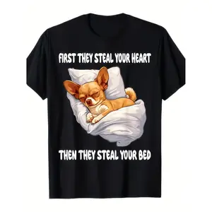 100% Cotton Summer T Shirts Funny Chihuahua First Steal Your Heart Your Bed Graphic T Shirt Black Casual Short Sleeve Tee For Men Women Unisex Adult Youth Sizes Machine Washable Gift Design Durable Fabric Black -1 A79 T-Shirt For Men and Women