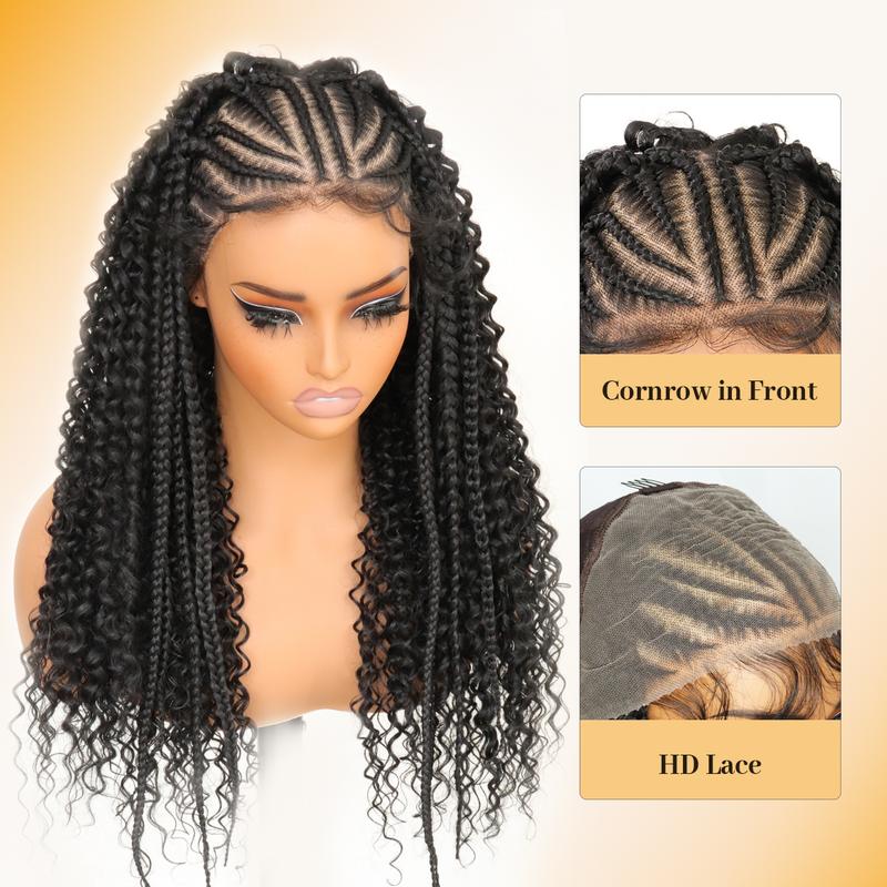 13X6 HD Lace Frontal Half Braided Curly Wigs Synthetic Half-Cornrows Half-Curly Wig with Baby Hair Pre Styled Braid Wigs