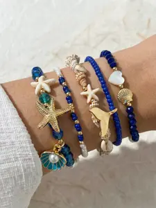 Bohemian Glass Bead Bracelet Set, Ocean Wind Conch Heart Shell Scallop Starfish Bracelets, Summer Beach Vacation Wear, Stackable Bracelets, Gift