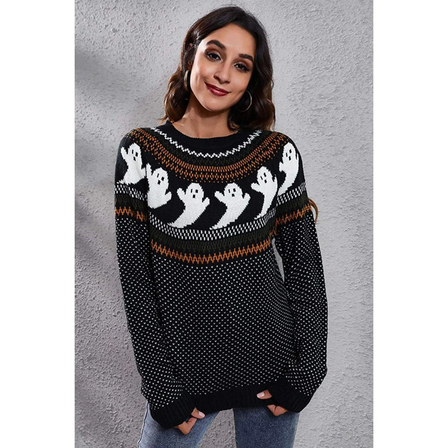 Ghost Pattern Round Neck Long Sleeve Sweater