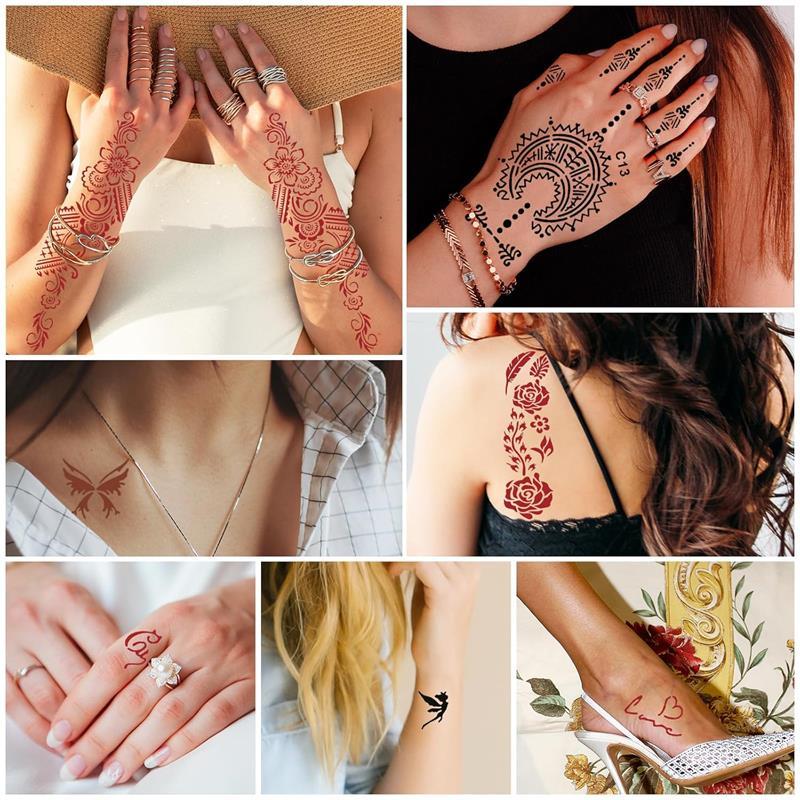 Temporary Stencils Tattoos Kit, 4 Pcs Tattoo Cones 3 Color (2 Black 1 Maroon 1 Cherry Red) with Gloves Brush Tool,DIY Body Art Skin Painting Designs for Women Men Kids Party Gifts, Organic Mehandi Temporary Tattoo&Hair Color,hair dye kit,color,shiny hair