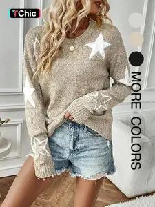 Women's Star Pattern Pullover Sweater, Fall Winter Knit Fitted Long Sleeve Top, Unique Design, Cute Style, Perfect for Casual Wear, Womenswear