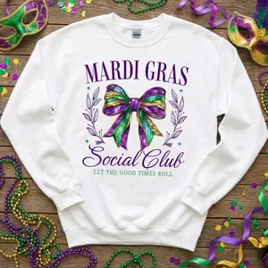 Mardi Gras Social Club Sweatshirt, Fat Tuesday Crewneck, Holiday Women's Sweater, NOLA Coquette Parade Sweatshirt, New Orleans Bow Sweater, New Orleans Festival, Coquette Bow Gift, Mardi Gras Carnival Religious Mom T-shirt Christian graphic hoodie