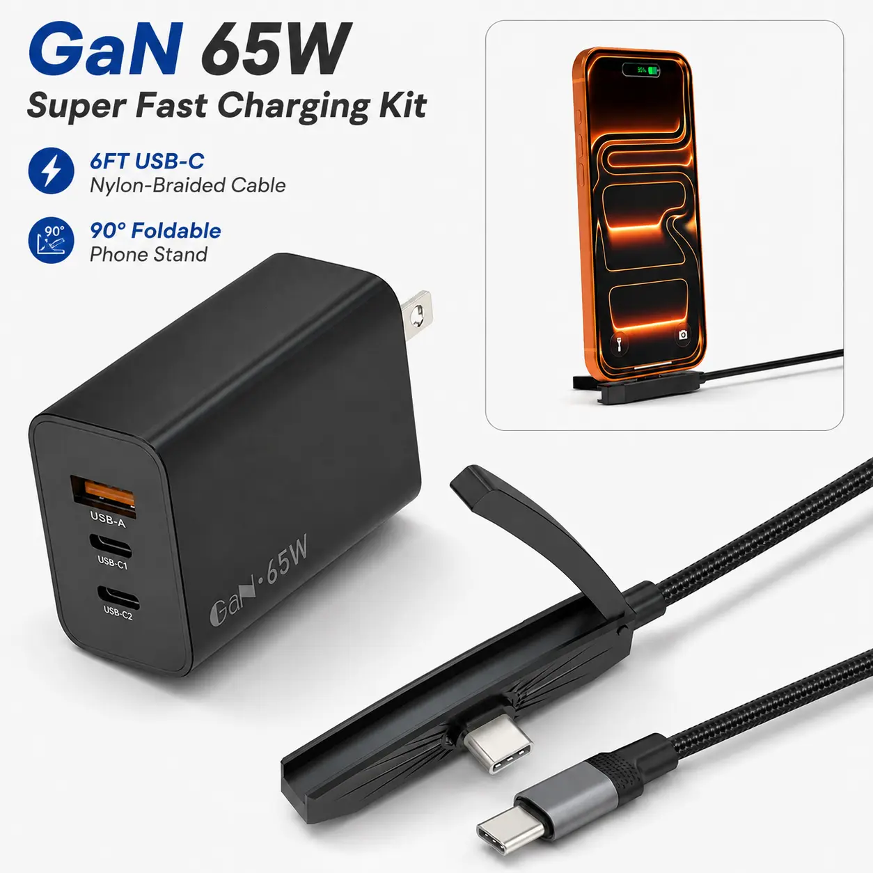 GaN 65W Super Fast Charging Kit, 2 USB-C + USB-A ports, supports PD 3.0 and QC 4+, 6FTUSB-C nylon-braided fast-charging cable paired with a 90° foldable phone stand, compatible with iPhone 17/16/15 Pro, Samsung S26/S25/S24, MacBook, and iPad Pro