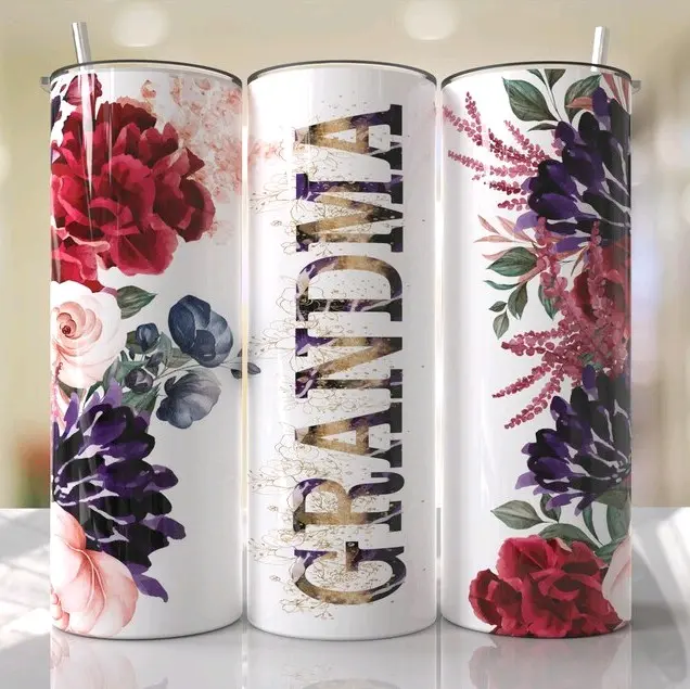 Grandma • 20oz Tumbler Stainless Steel Cup Sublimation Floral Purple Red