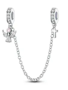 Angel Cross Safety Chain Design, Simple Silver Color Casual Style Ideal Bracelet Cross Charm Bangle DIY Accessory, Copper Chain, All Seasons Wear, Trendy Jewelry, Religious Jewelry Gift