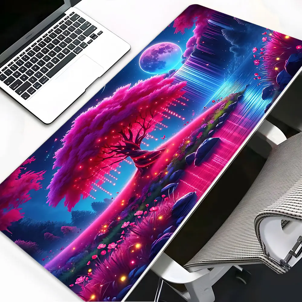 Vibrant Fantasy Pink Tree Moonlit Art Large Gaming Mouse Pad, Gaming Desk Accessory, Washable Aesthetic Office Desk pad Non-Slip Rubber Base Stitched Edge For Desk Laptop For Home Office Game Gift For Friends Family Gaming Enthusiasts, Gaming Accessories
