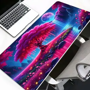 Vibrant Fantasy Pink Tree Moonlit Art Large Gaming Mouse Pad, Washable Aesthetic Office Desk pad Non-Slip Rubber Base Stitched Edge Best For Desk Laptop For Home Office Game Gift For Friends Family Boyfriend/Girlfriend Gaming Enthusiasts