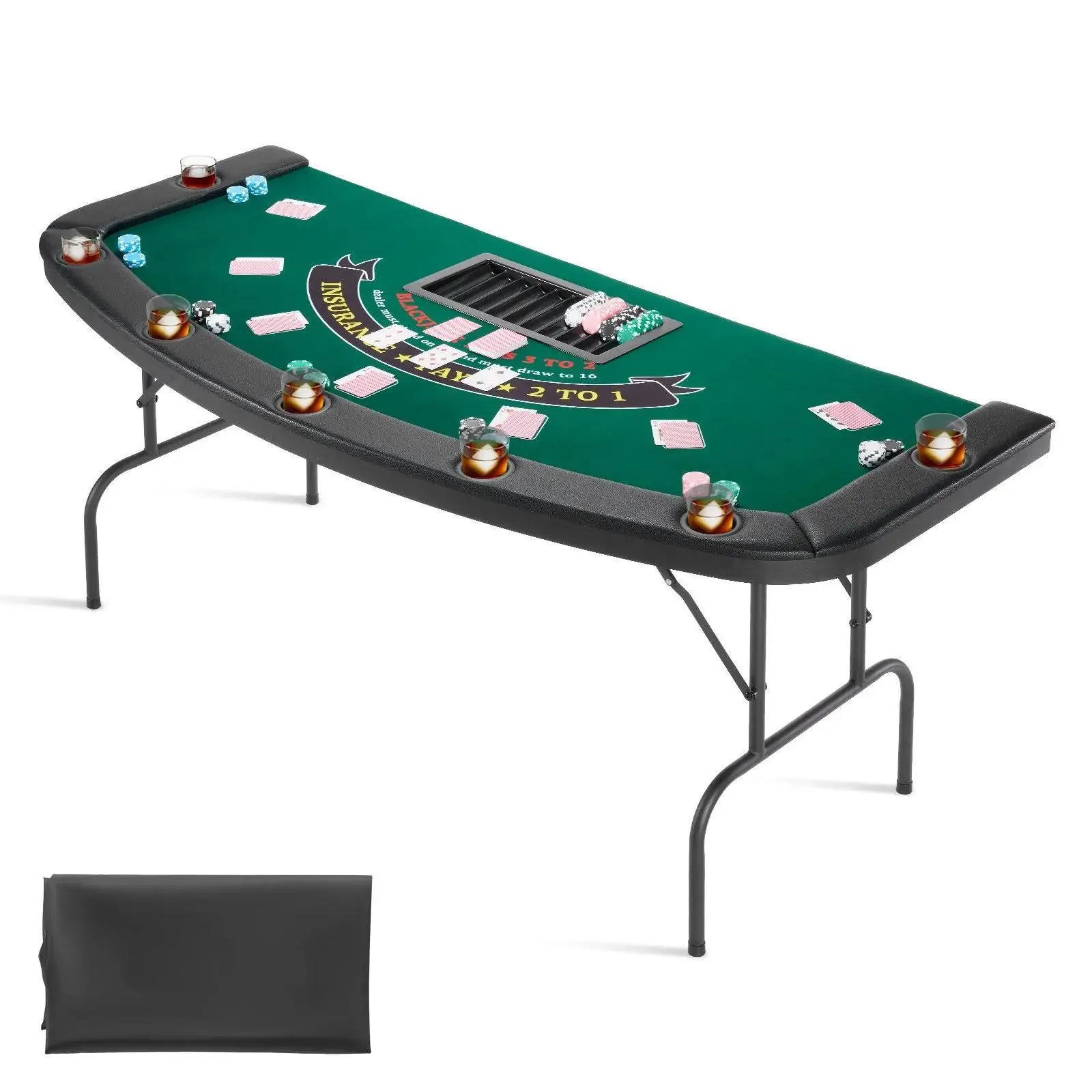 【Summerfinds】VEVOR Foldable Poker Table,  7 Player 72 in Folding Casino Leisure Table with Padded Rails & Cup Holders, Semi-oval Portable Game Tables with Felt & Metal Legs, for Texas Hold'em Game and Blackjack