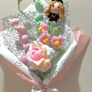 Handmade graduation doll, rose, lily of the valley crochet bouquet