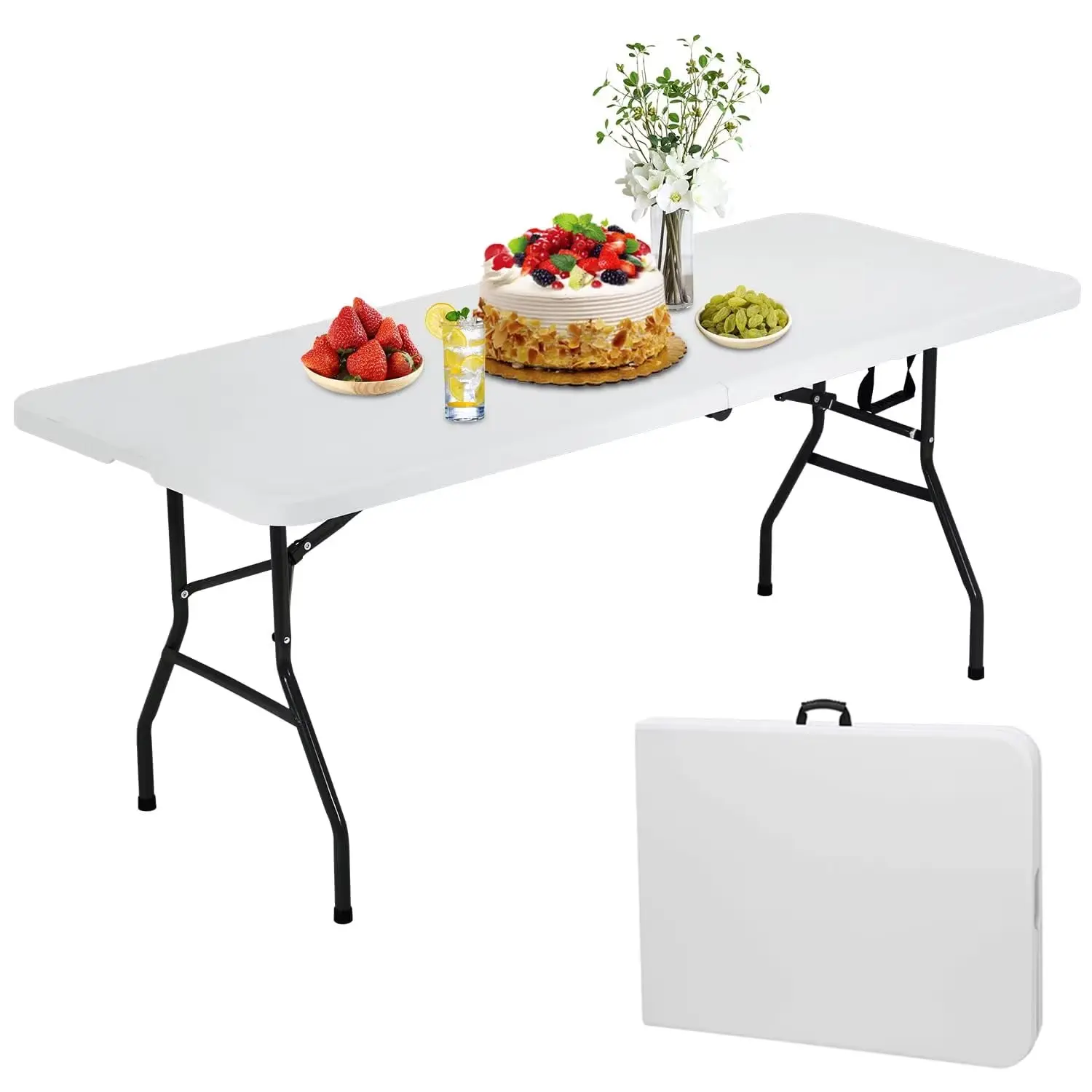 Folding Tables 6ft Folding Table Portable Plastic Indoor Outdoor Camping Dining Table with Carrying Handle, White