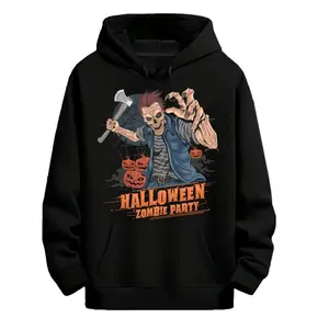 Men's Zombie-Themed Plush Fleece-Lined Hoodie - Soft Cotton Blend Sweatshirt with Horror Party Graphics (Halloween & Zombie Print), Relaxed Fit Casual Streetwear for Costumes & Casual Attire
