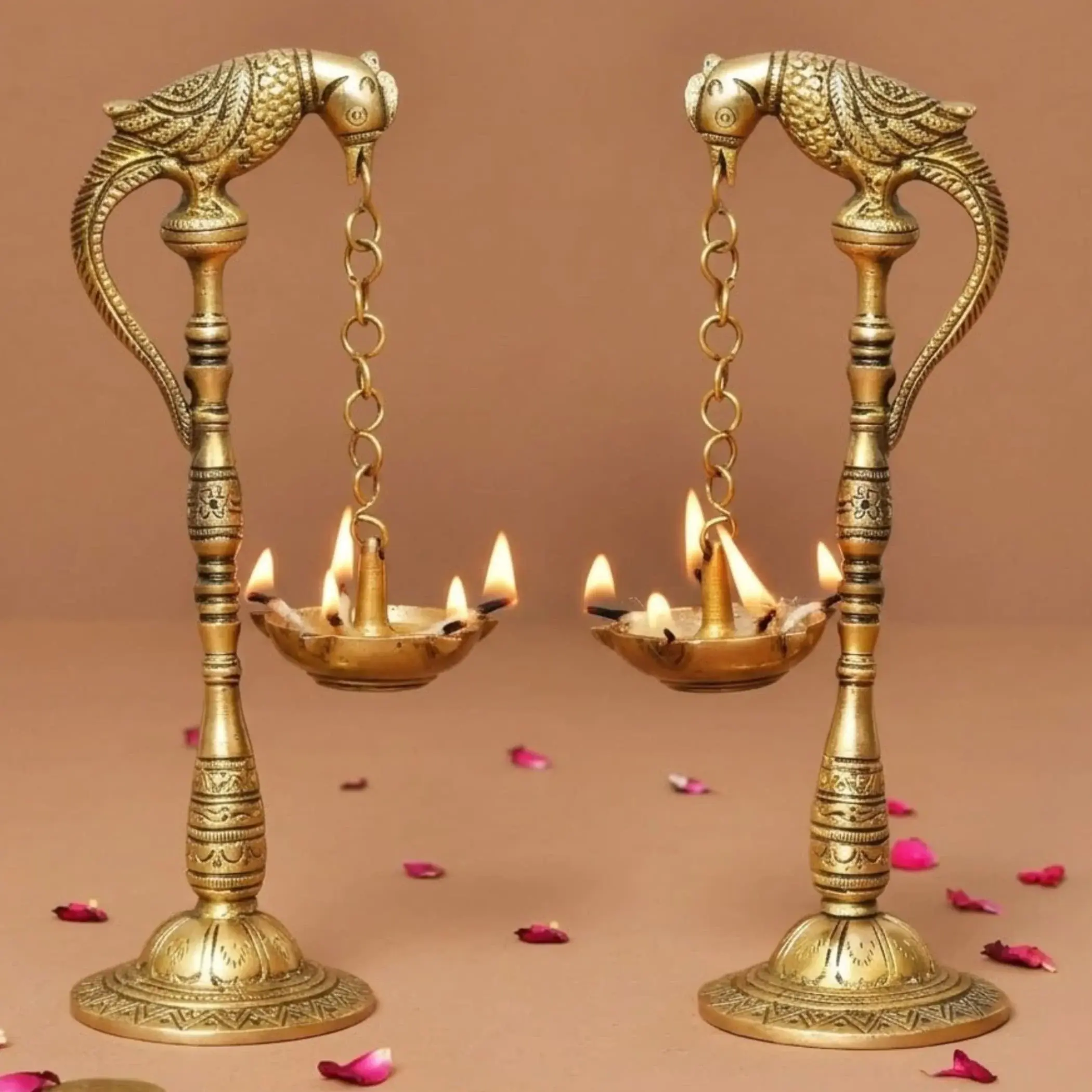 Cherished Parrot Brass Oil Diyas | Sacred 7.5" Tall Bird Design | Kerala Samai Lamp for Pooja, Diwali, Housewarming | Traditional, Versatile Decor