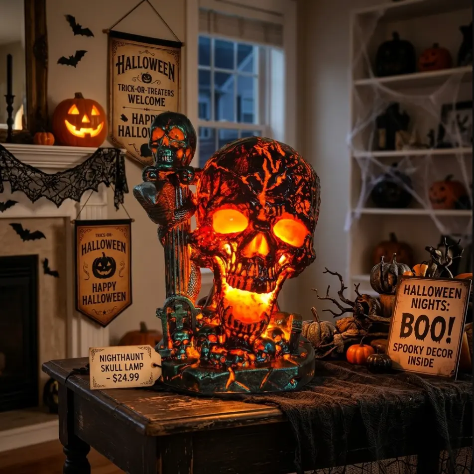 Gothic Skull Statue with Lava Crackle Effect, Spooky Decoration, LED Light-Up Horror Figurine, Creepy Tabletop Ornament for Haunted House Party, Unique Gift for Goth Decor Lovers, Halloween Glowing Skull Resin Table Lamp, Gothic Spooky Night Light Decor