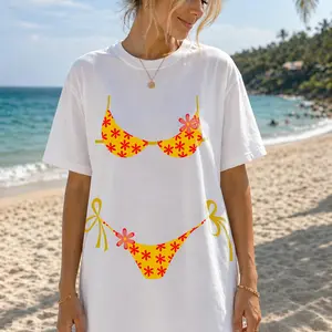 Yellow Daisy Triangle Bikini Vacation-style floral Unisex Plus Size Summer Graphic Tees Personalized Pattern Y2k Clothing Round Neck Short-Sleeved Cotton T-Shirt, Women's Clothing 100% Cotton, Menswear, Top, Vintage Style, Casual Oversized