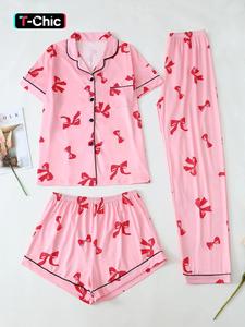 three-piece set women's bowknot & heart print pajama set, cute comfy short sleeve tee & elastic waist trousers & shorts pj set, ladies sleepwear for all seasons, pajama sets women