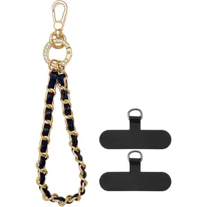 Phone Wrist Strap with Metal Chain Phone Lanyard Wrist with 2 Tether Tabs Metal Leather Cellphone Charm Phone Chain