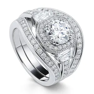 BERRICLE Sterling Silver Halo Art Deco Engagement Rings Statement Stackable Band for Women, Round Cut Cubic Zirconia CZ Ring Set