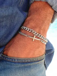 Men's Fashion Stainless Steel Cuban Chain Bracelet, Multi-Layer Jesus Cross Bracelet, Punk Style Jewelry for All Seasons, Stackable Bracelet, Cross Charm Bangle, High Quality Bracelet, Cross Bracelets Stack