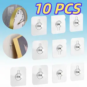 10pcs No-Drill Adhesive Wall Hooks, Self-Adhesive Heavy-Duty Hooks, Damage-Free & Nail-Free Installation, Suitable for Picture Frames, Wall Clocks, Kitchen and Bathroom Use