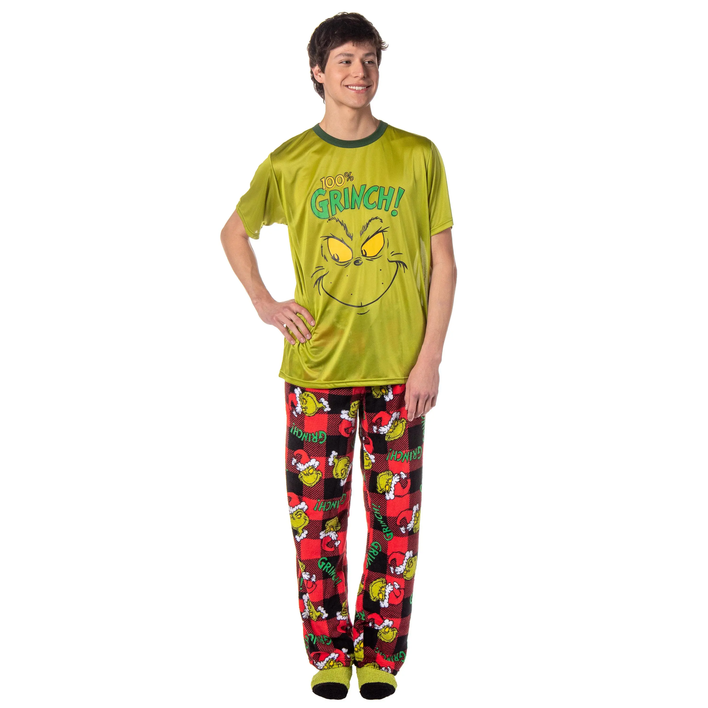 Dr. Seuss GRINCH Men's Pajama Pants Shirt and Socks 3 Piece Pajama Set, Polyester, Flannel