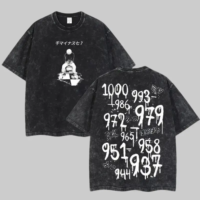 Vintage Wash Psychological Anime Graphic T-Shirt | Retro Countdown Number Drip Tee | Heavyweight Oversized Streetwear Top | Gothic Dark Aesthetic Manga Clothing