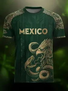 Men's Mexican Eagle Snake Aztec Football Jersey, Tribal Style Sporty Round Neck Short Sleeve Top, Loose-Fitting Geometric Pattern