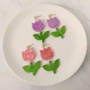 #189 Glitter Tulip with Green Pearlescent Leaves & Gold Ball Stud Earrings, Casual, Everyday Spring Flower Jewelry, Acrylic