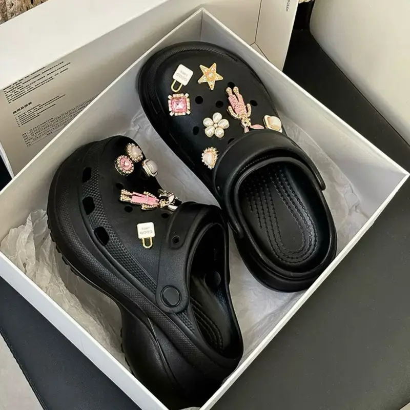Women’s Black Platform Clogs with Decorative Jewel Charms and Adjustable Heel Strap