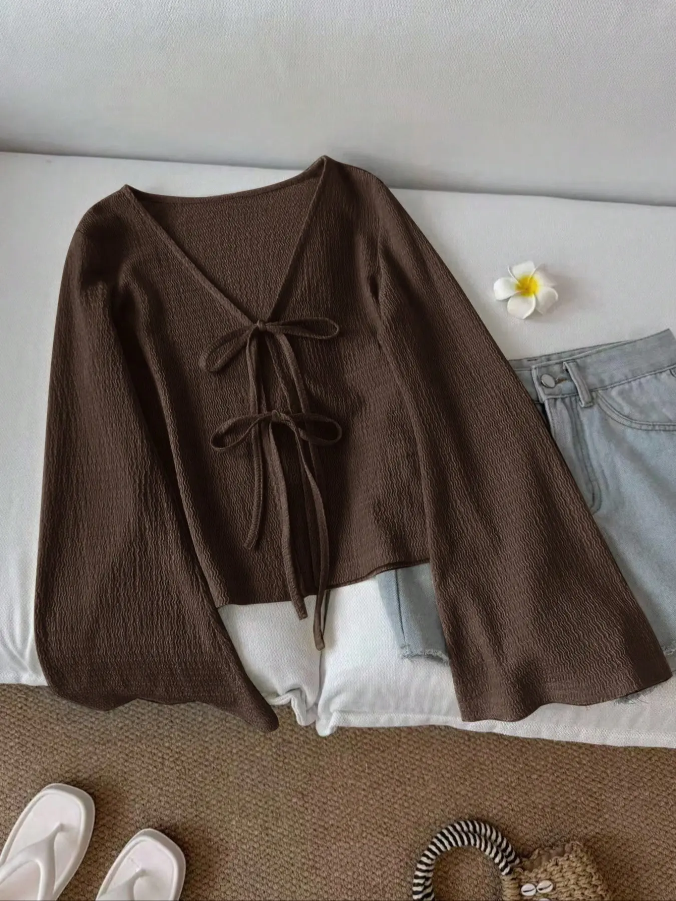 Women's Casual Loose-Fit Deep V-Neck Flounce Sleeve Blouse, Textured Solid Color Long Sleeve Front-Tie Top, All-Season Fashion