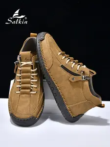 Salkin Men's Handmade Fashion Casual Shoes, Sneaker, Walking Shoes, Simple Solid Color Mid-High Top, Comfortable Breathable Lightweight Anti-Slip for Daily Outdoor Wear