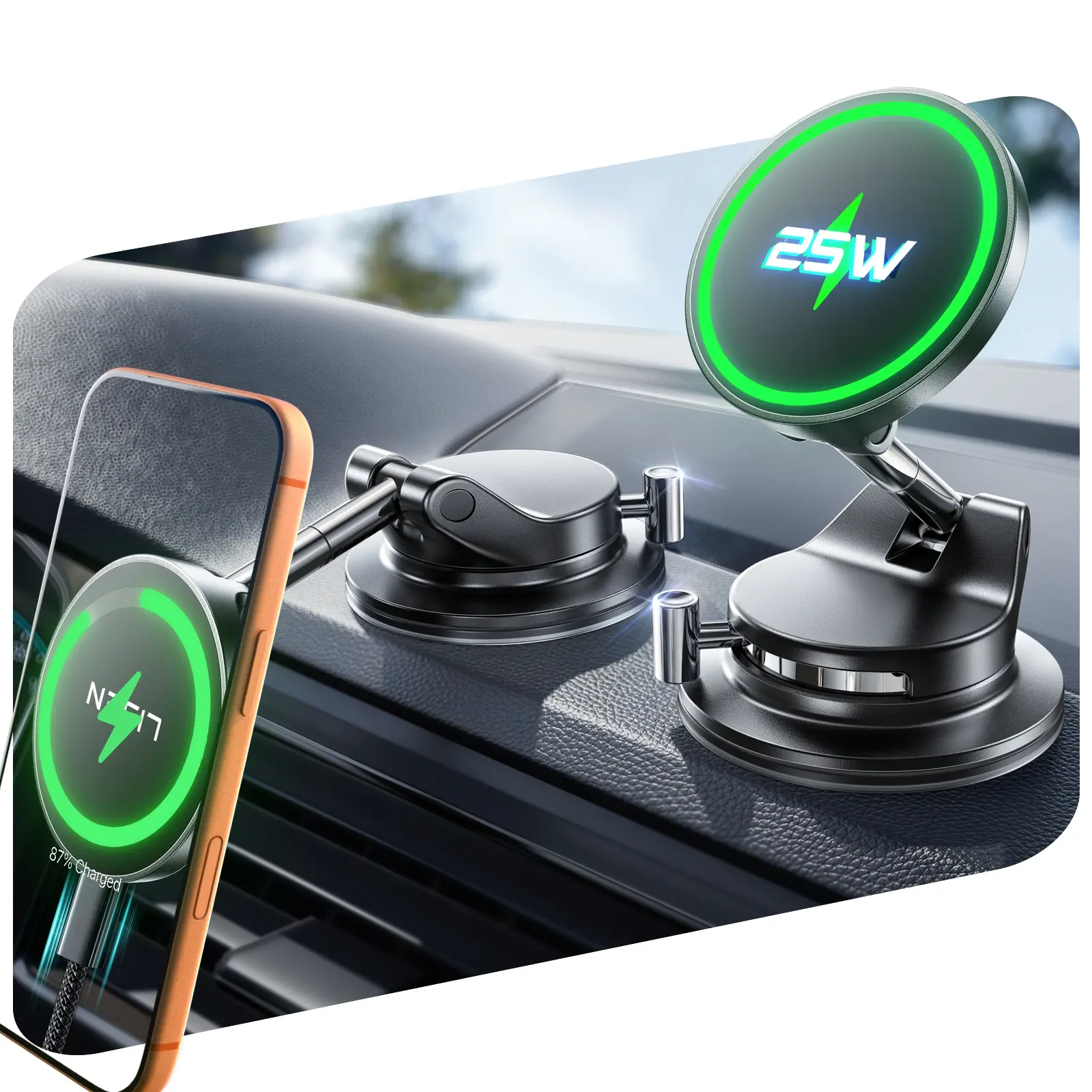 #Fathersdaygift LISEN Vacuum Magnetic Phone Charger, [SuctionPro] 25W Wireless Car Charger, Suction Cup Phone Holder,360° Vacuum Magnetic Phone Holder for iPhone 17 Pro Max Air 17-12,Samsung S25 with MagSafe Case