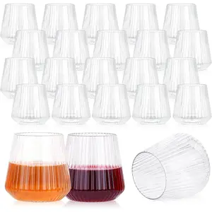 24 Pack Plastic Ribbed  Glasses, 14oz Stemless Disposable  Cups, Cute Clear Unbreakable Outdoor  Glasses, Heavy Duty  Plastic Drinking Cup for Party Wedding Mimosa Bar