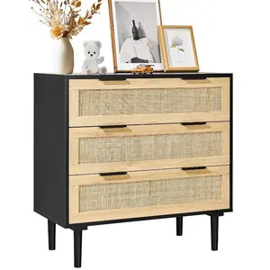 VEVOR 3 Drawer Rattan Dresser, Natural Rattan Closet Dresser with 3 Drawers, Modern Wood Chest Clothing Organizer Storage Boho Dresser with Sturdy Handles Legs, for Bedroom, Living Room Hallway