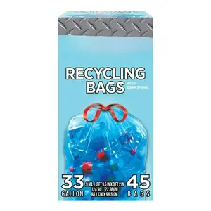- Drawstring Recycling Bags, 33 Gallon, .9 Mil, 33" x 38", Blue, 45 Count