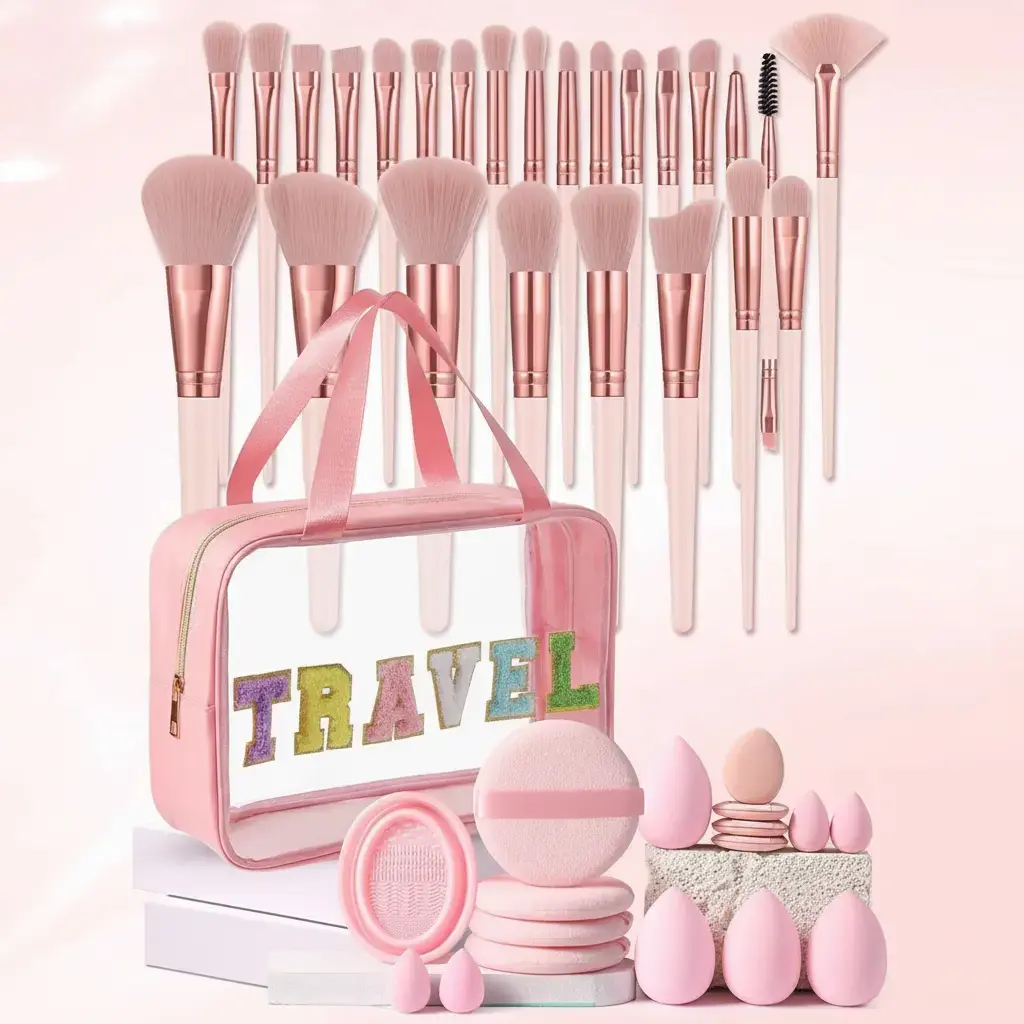 43Pcs  Makeup Tool Kit, 25 Soft Synthetic Face & Eye Makeup Brushes, Portable Travel Wash Bag, Multi Size Beauty Sponges Mini Finger Puffs Silicone Brush Cleaner Bowl, Complete Cosmetic Set for Makeup Beginners, Cute Aesthetic Beauty Gift for Girls