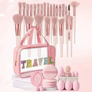 43Pcs  Makeup Tool Kit, 25 Soft Synthetic Face & Eye Makeup Brushes, Portable Travel Wash Bag, Multi Size Beauty Sponges Mini Finger Puffs Silicone Brush Cleaner Bowl, Complete Cosmetic Set for Makeup Beginners, Cute Aesthetic Beauty Gift for Girls