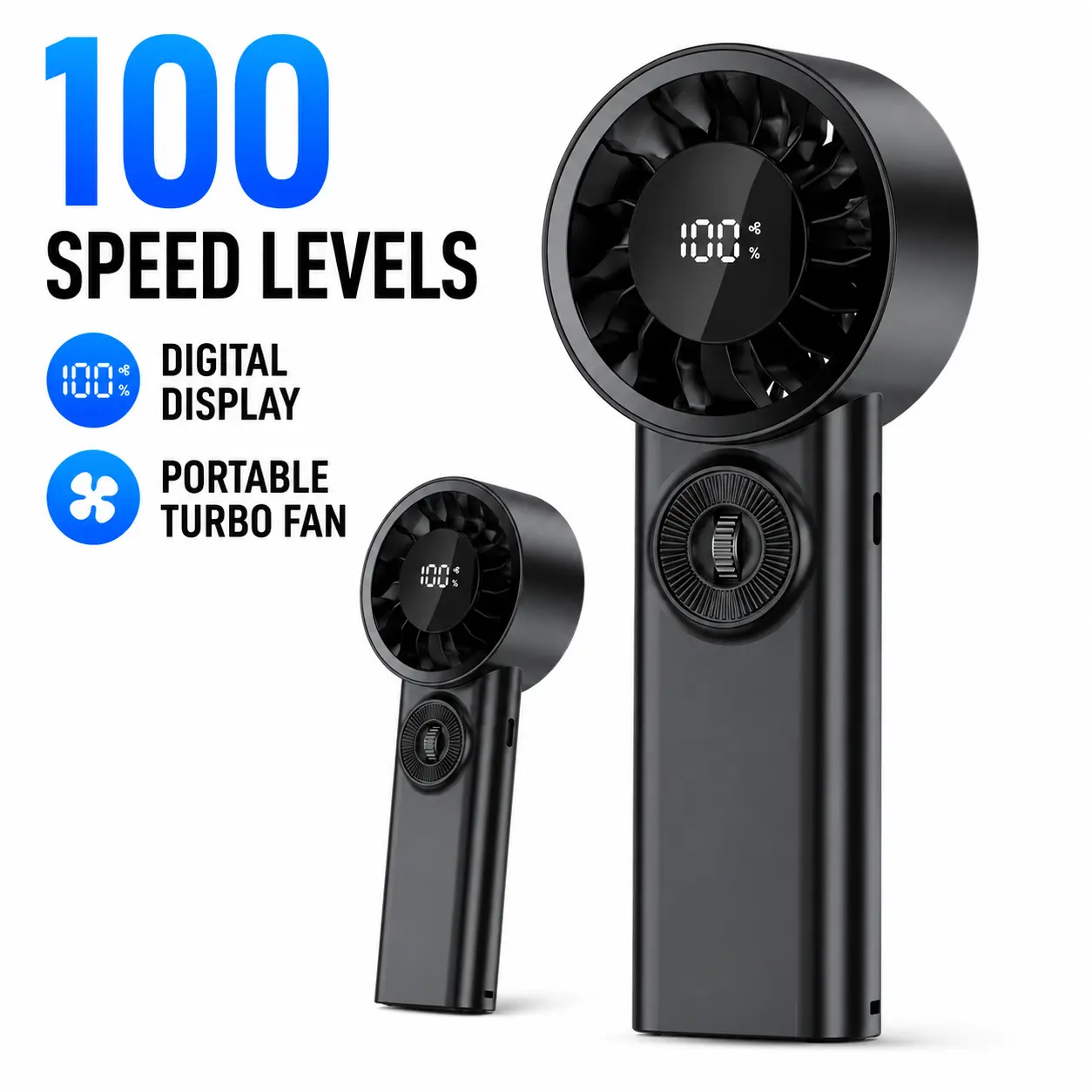 Portable Handheld Turbo Fan, 100-Speed Rechargeable Personal Fan with Digital Display for Travel, Golf, Gym & Dorm